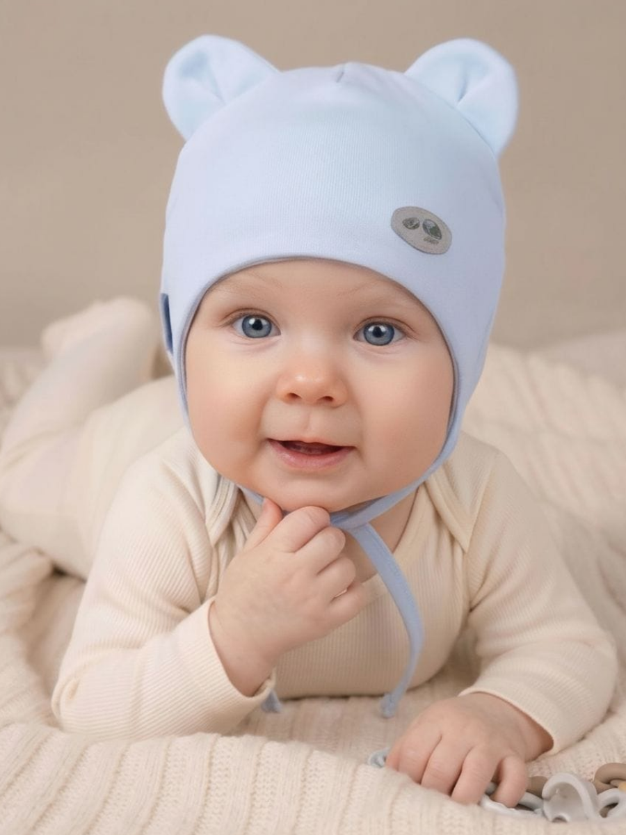 Изображение товара Детская двойная шапка ТРИЯ 46 для малышей, гипоаллергенный трикотаж, защита ушей и шеи