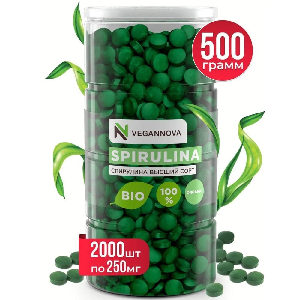 Спирулина VeganNova 500 гр таблетки для похудения Детокс снижения веса в таблетках Суперфуд здоровое питание - фото 1