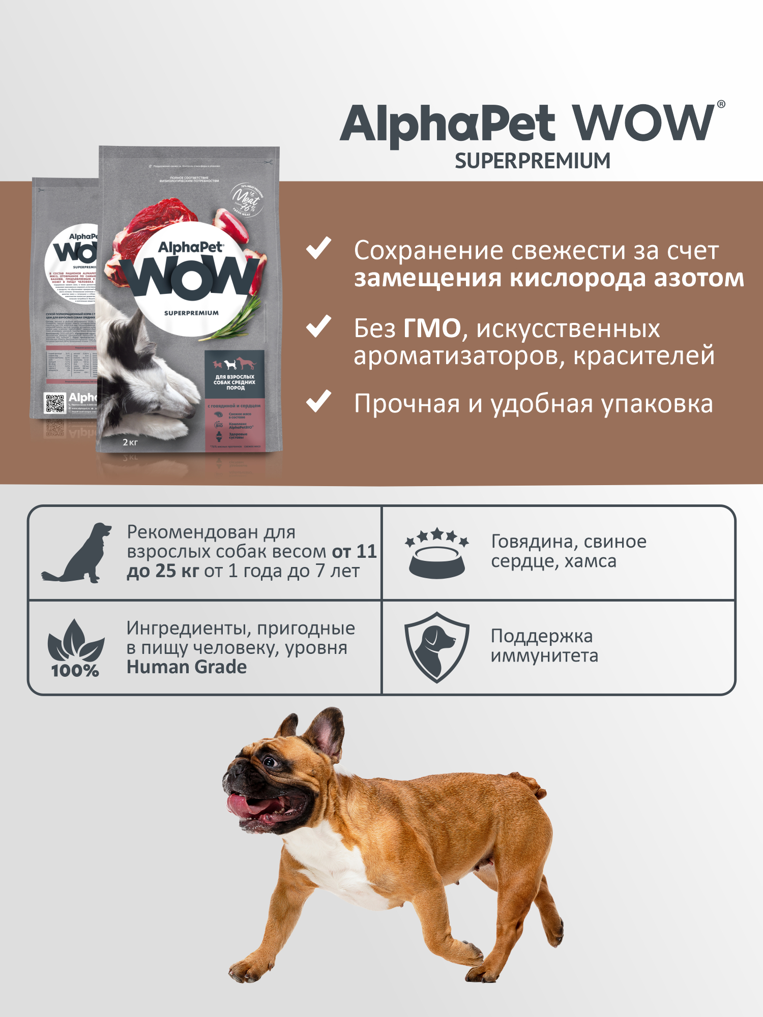 Сухой полнорационный корм холистик AlphaPet с говядиной и сердцем для взрослых собак средних пород 2 кг - фото 3