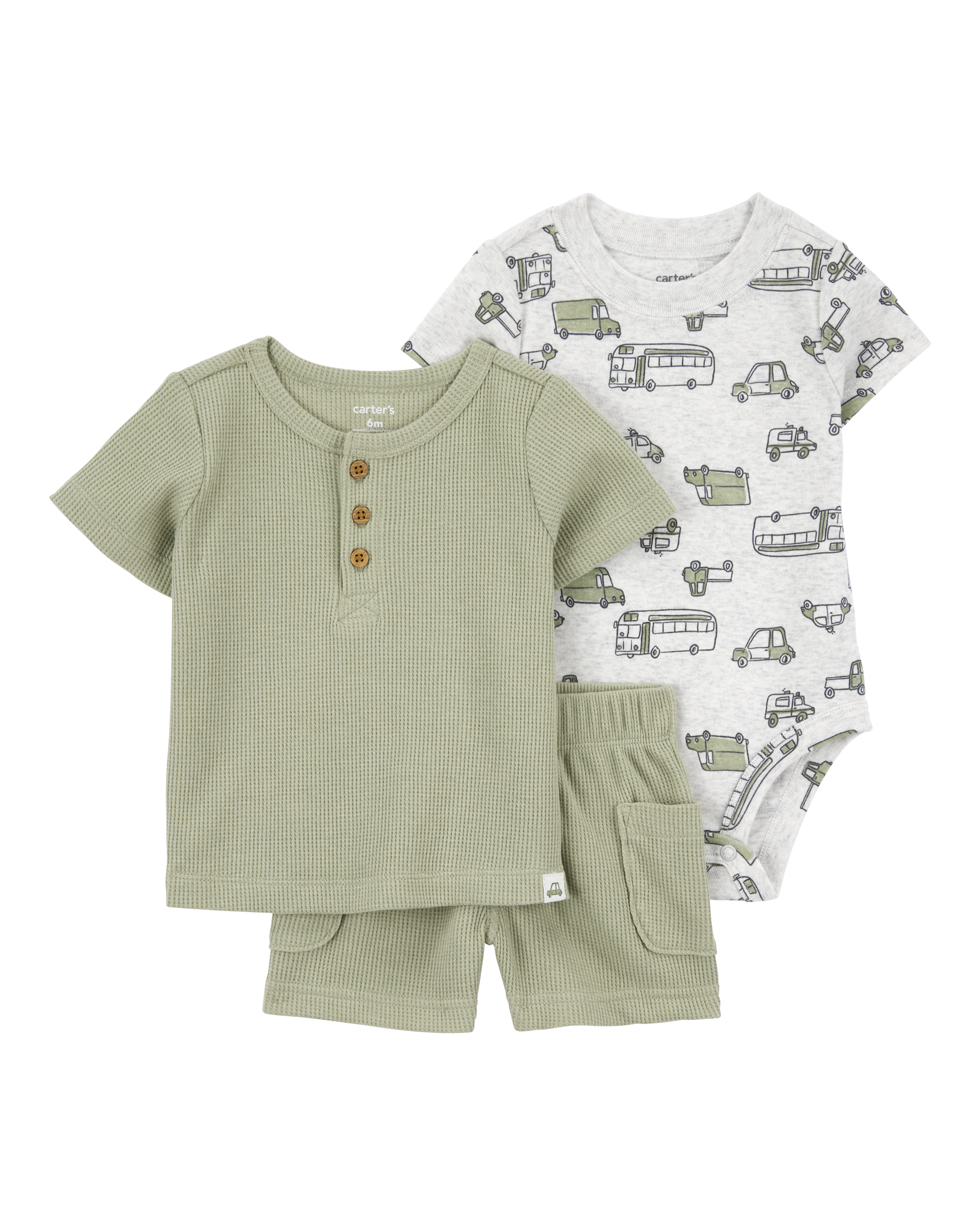 Изображение товара Комплект Carters Серый боди с машинами + зелёная футболка + шорты