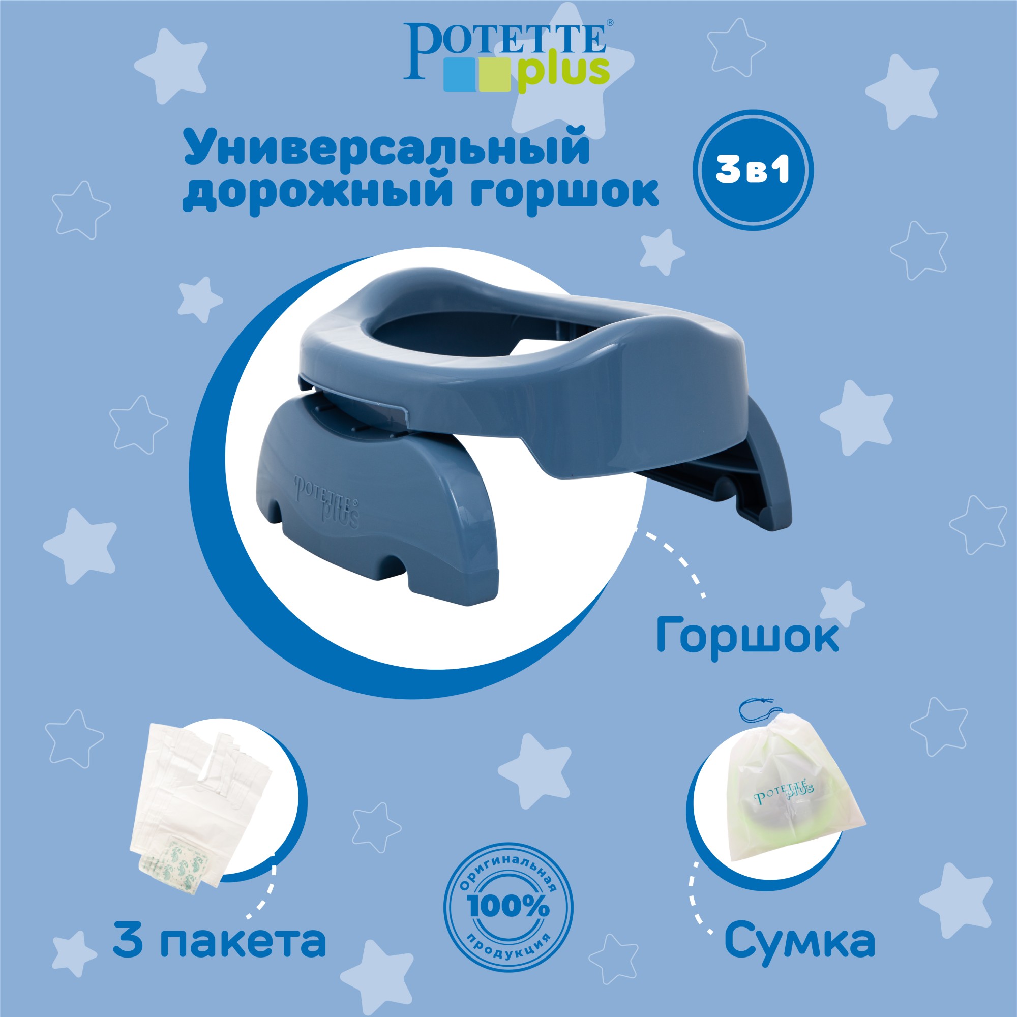 Дорожный горшок Potette Plus складной + 3 одноразовых пакета сказочно синий - фото 1