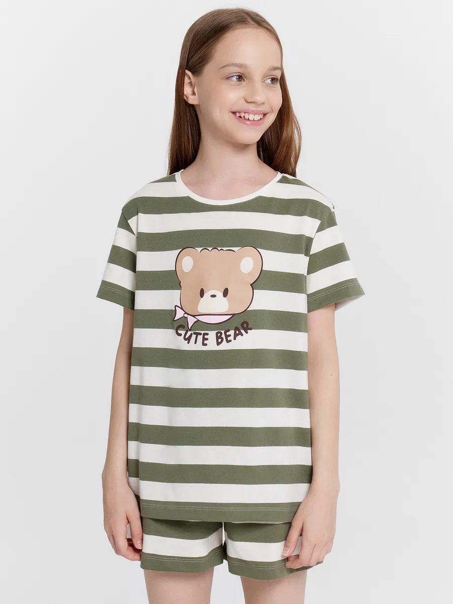 Пижама Mark Formelle (Марк Формэль) 567727/оливковая полоска на бежевом +печать - фото 1