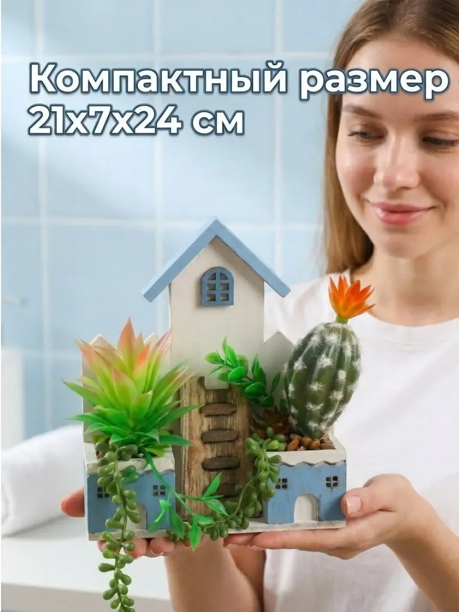 Искусственные цветы SOFANNA суккулент в горшке зеленый 21см - фото 2
