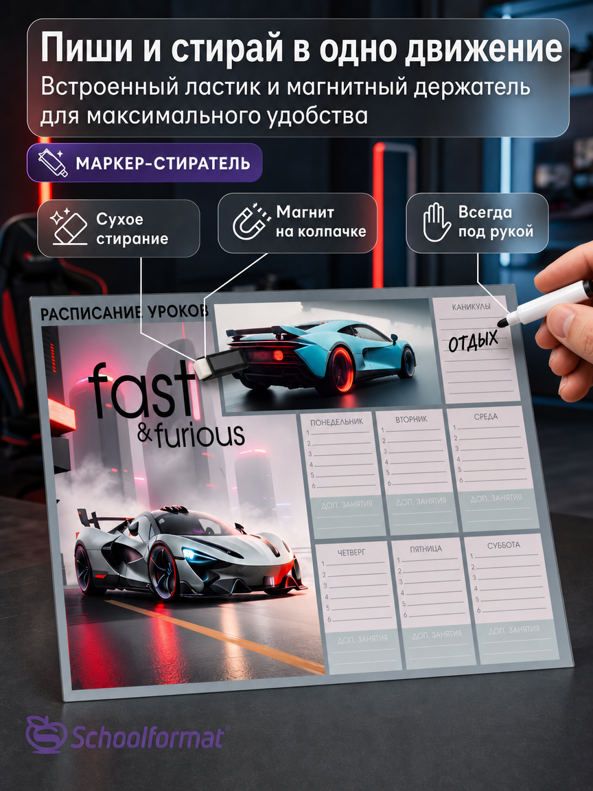 Расписание уроков Пиши-стирай SCHOOLFORMAT А3 ламинированный картон + маркер - фото 3