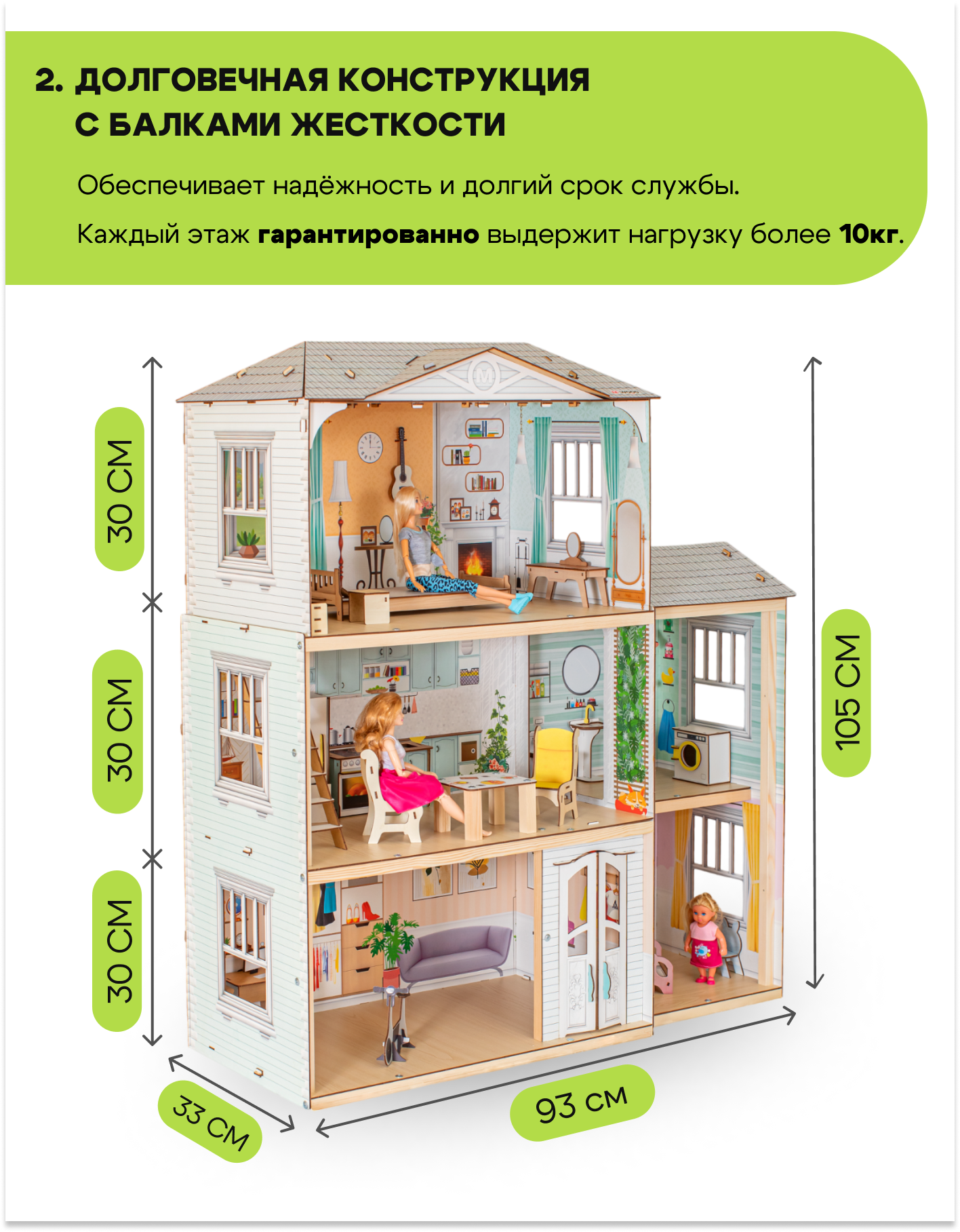 Домик для кукол M-WOOD 105 см с мебелью 3032 - фото 3