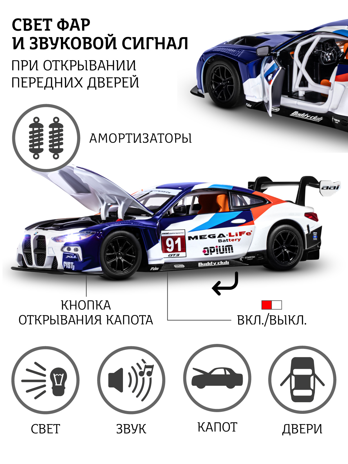 Автомобиль АВТОпанорама BMW M4 GT3 1:24 JB1251814 - фото 2