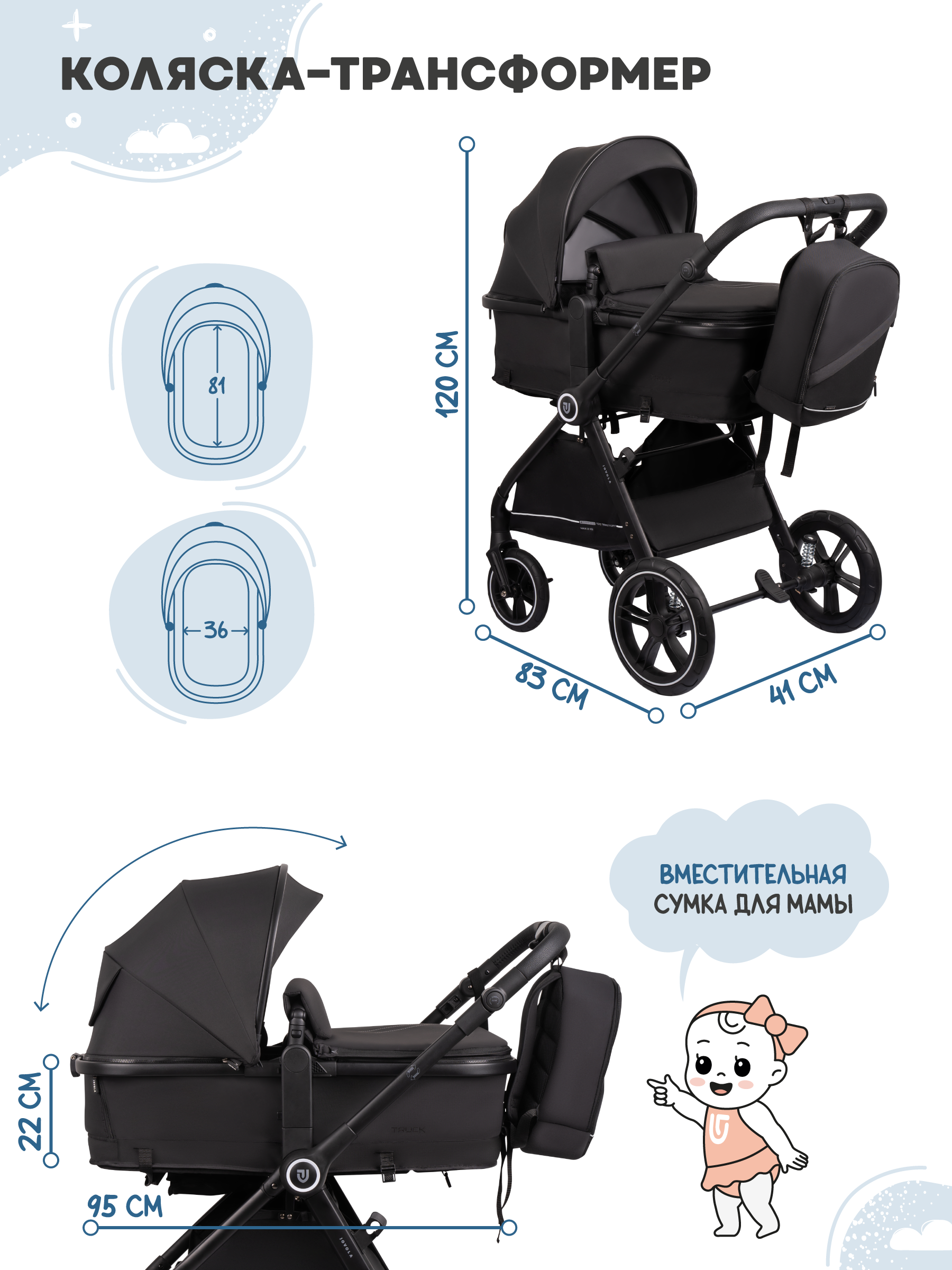 Коляска трансформер JOVOLA Truck, перекидная ручка черный - фото 3