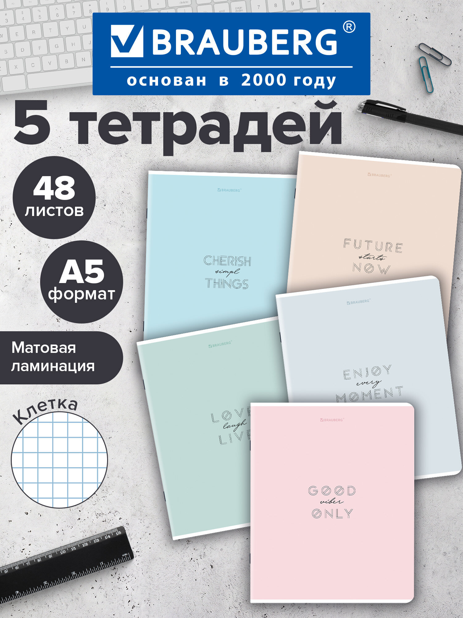 Тетрадь Brauberg клетка 48 лист. 5 шт. - фото 1