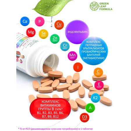 Витаминно-минеральный комплекс Green Leaf Formula с метабиотиками 13 витаминов + 8 минералов 1050 мг 30 таблеток