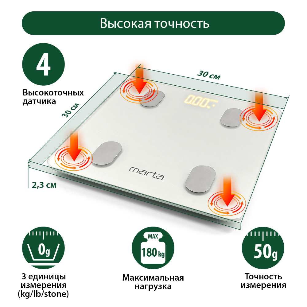 Умные весы напольные MARTA MT-1606 LED Bluetooth белый жемчуг - фото 2