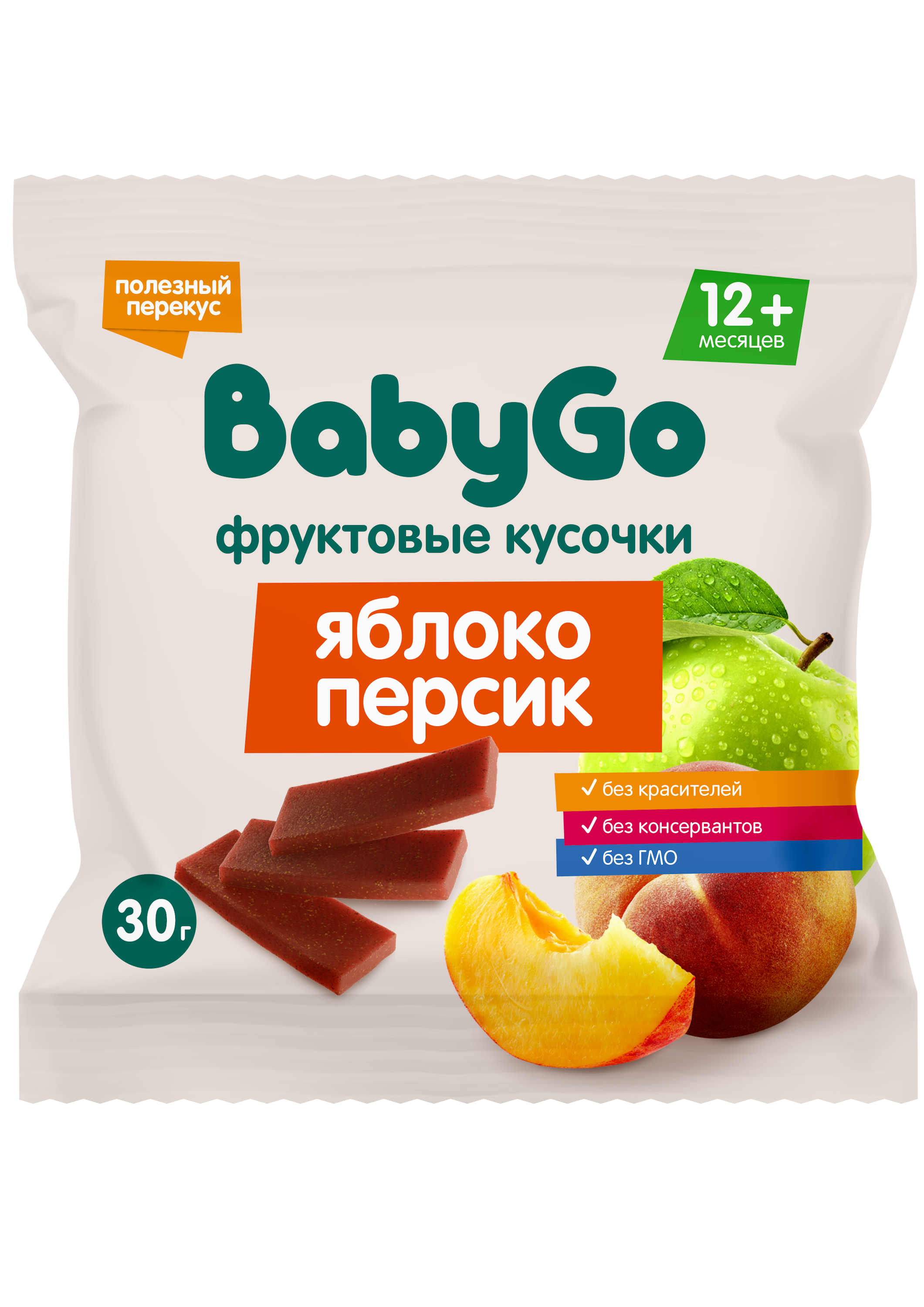 Изображение товара Фруктовые кусочки BabyGo из персиков и яблок в упаковке 30 г