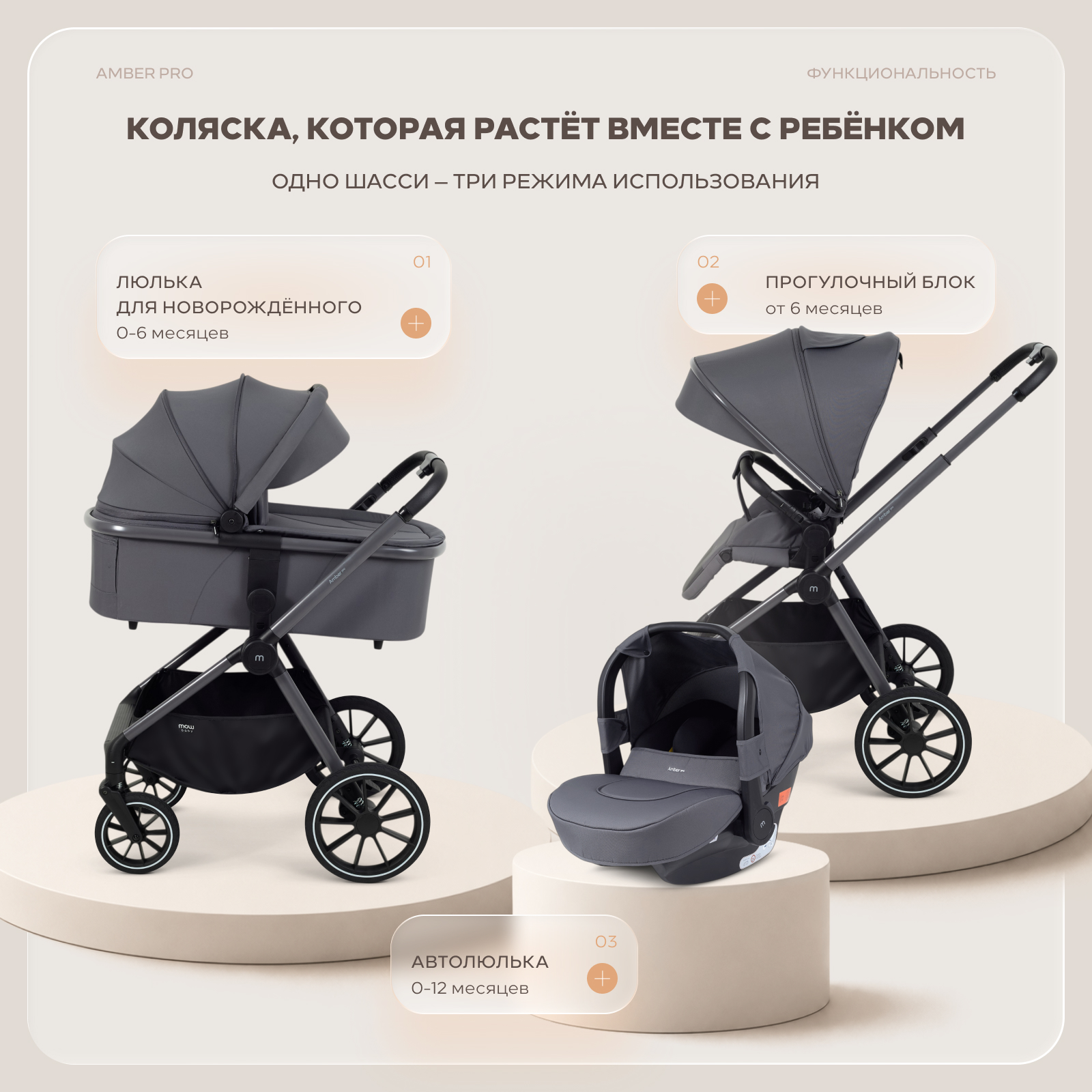 Коляска 3в1 MOWbaby Amber pro серый - фото 2