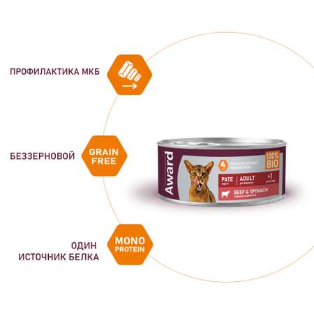 Корм для кошек AWARD 100гр говядина со шпинатом паштет
