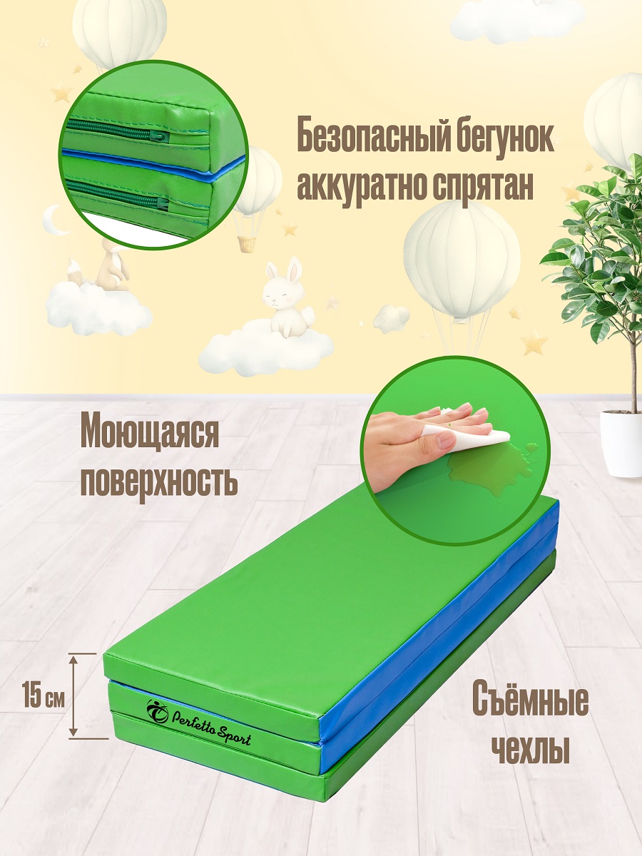 Мат спортивный Perfetto Sport № 22 100 х 120 х 5 2 сложения голубой салатовый - фото 3