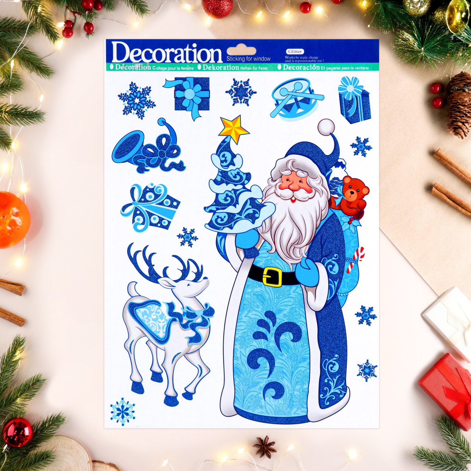 Наклейки на окна Sima-Land «Новогодние» Дед Мороз олень 41х29 см - фото 1