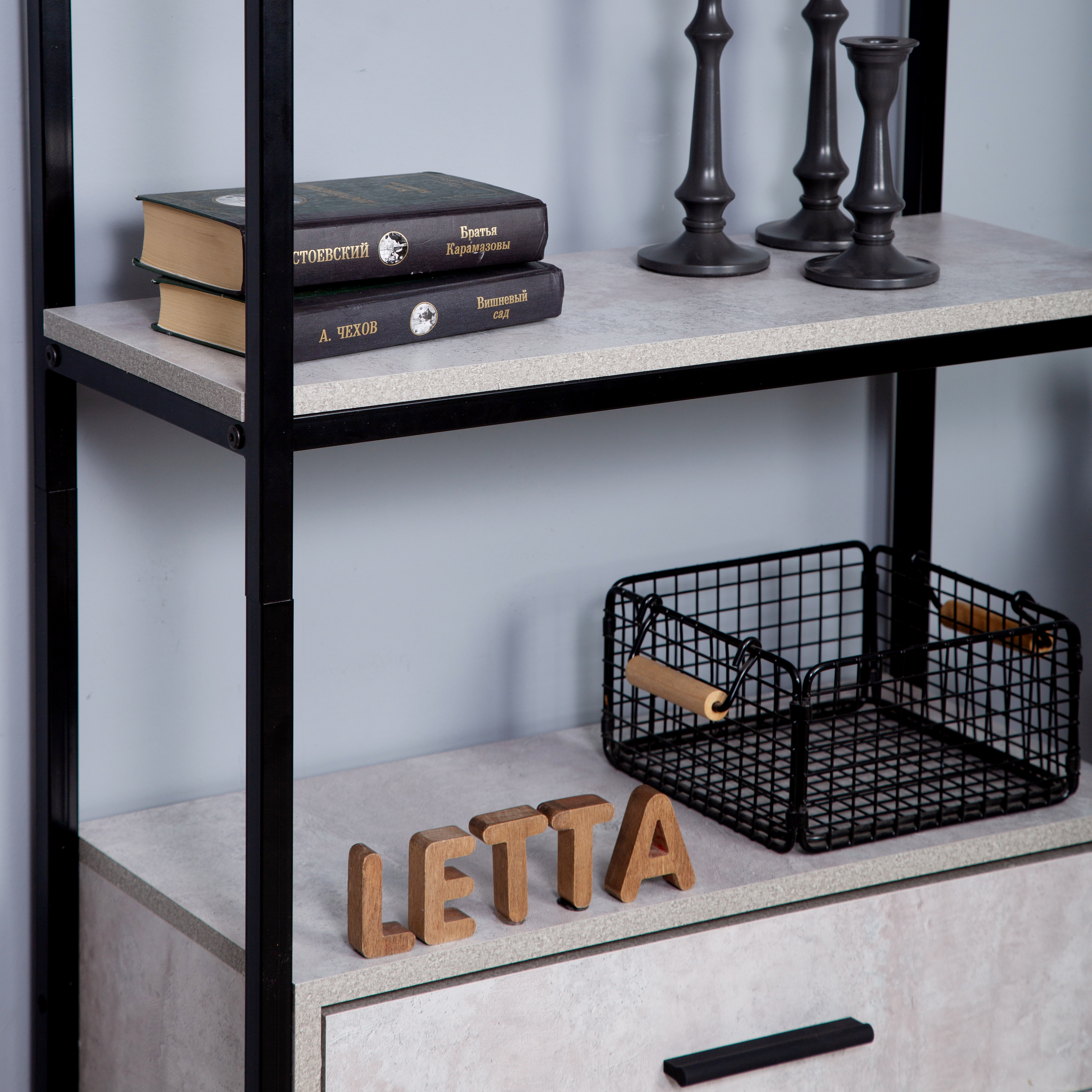 Стеллаж LETTA Frame 2 ящика Цемент светлый вельвет Черный металл - фото 5