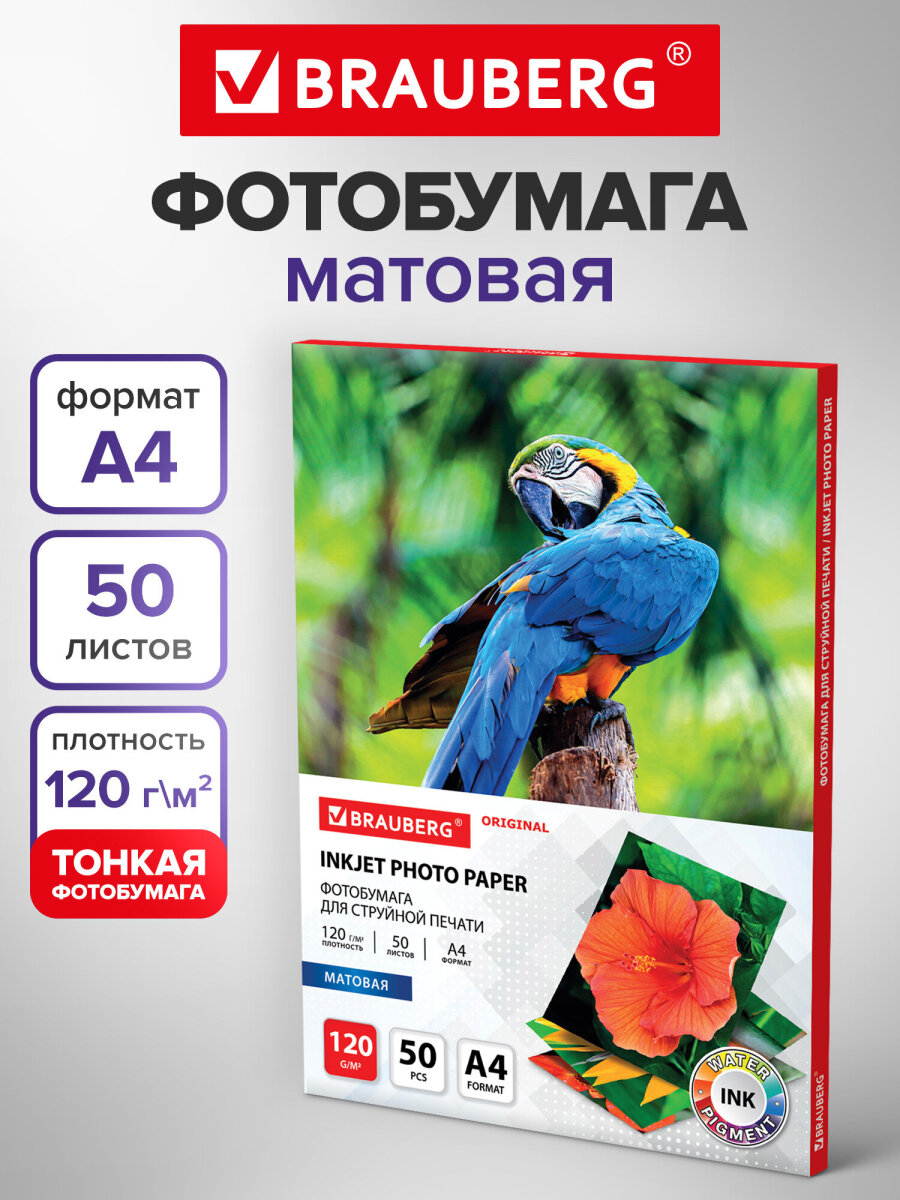 Фотобумага Brauberg матовая для печати фото 50 листов А4 - фото 1