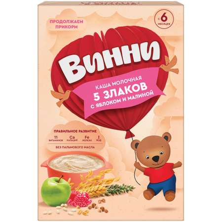 Каша Винни молочная 5 злаков яблоко-малина 200г 6месяцев