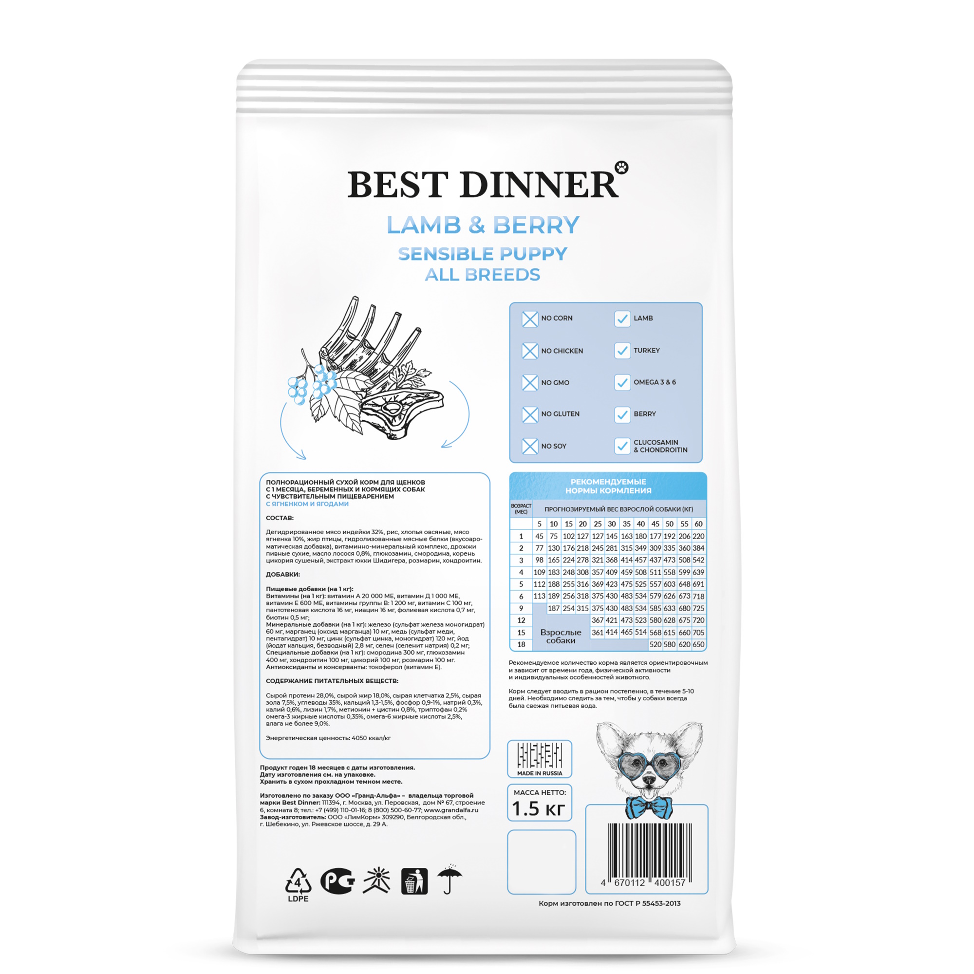 Корм для собак Best Dinner 1.5кг Паппи Сенсибл ягненок-ягоды - фото 2