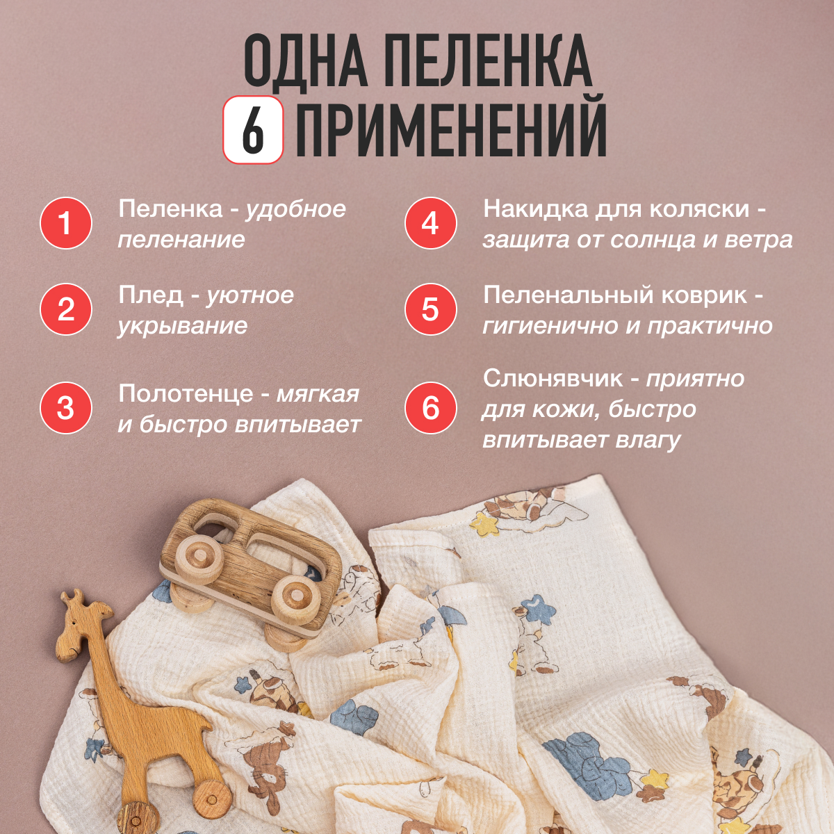 Пелёнка Mamagoods муслин 100х100 см 2 шт. - фото 5