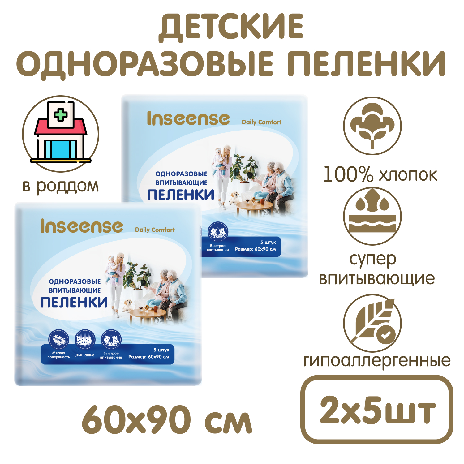 Пелёнки одноразовые INSEENSE 60х90 см 2 упак. 5 шт. - фото 2