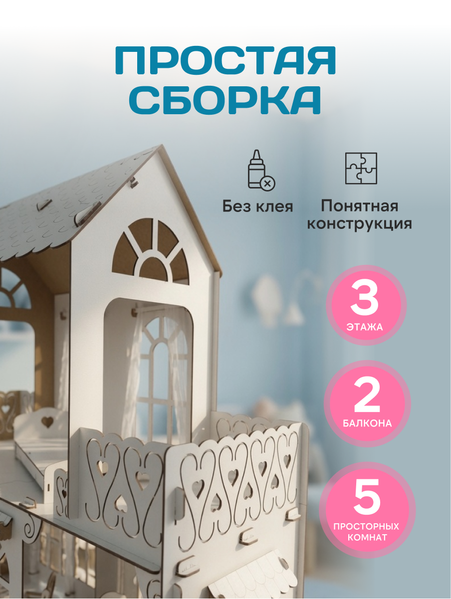 Домик для кукол Pema kids 117.5 см с мебелью 476288 Кукольный домик для Барби с мебелью и занав - фото 4