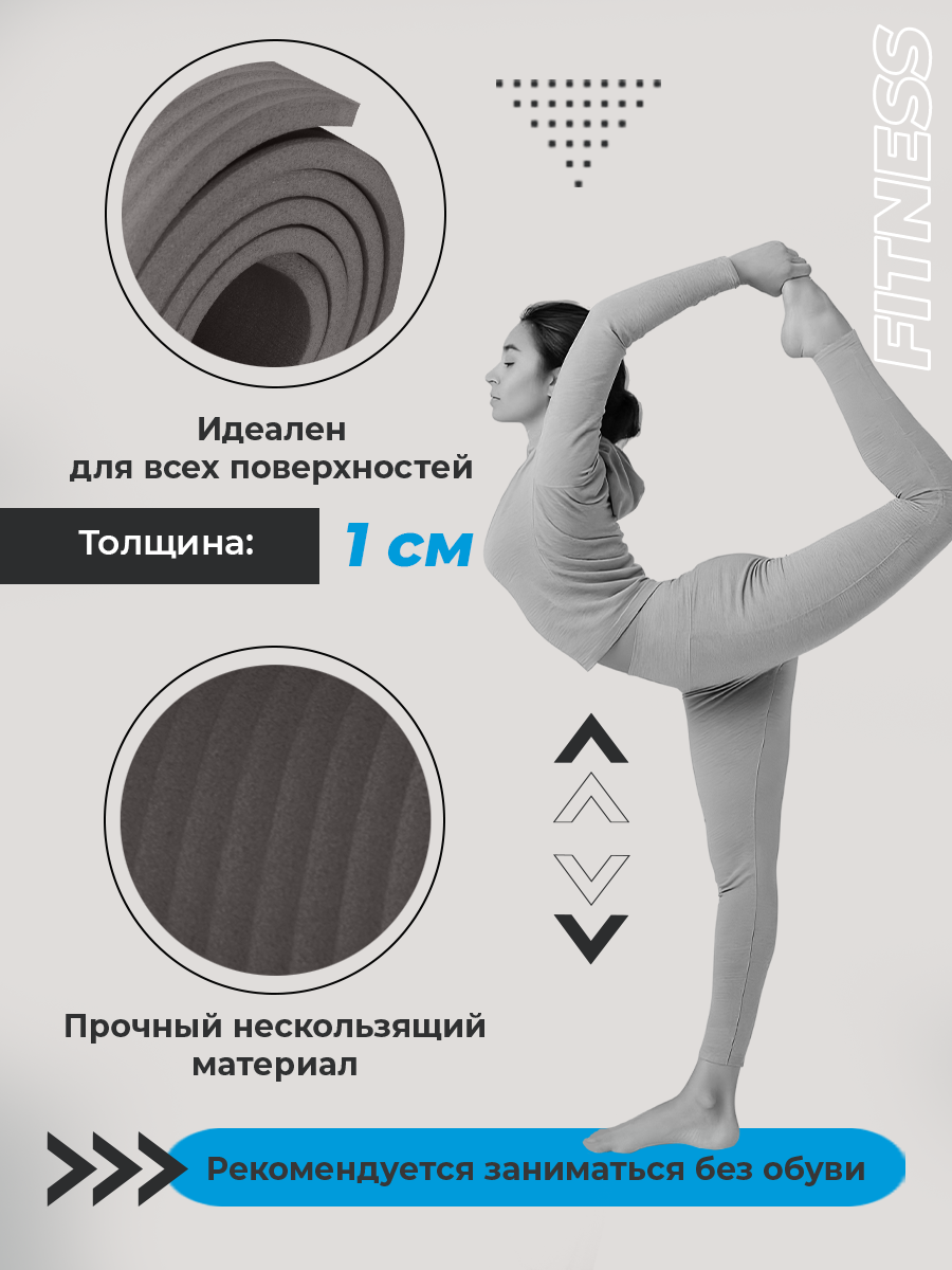 Коврик спортивный U-TURN для фитнеса и йоги серый - фото 3