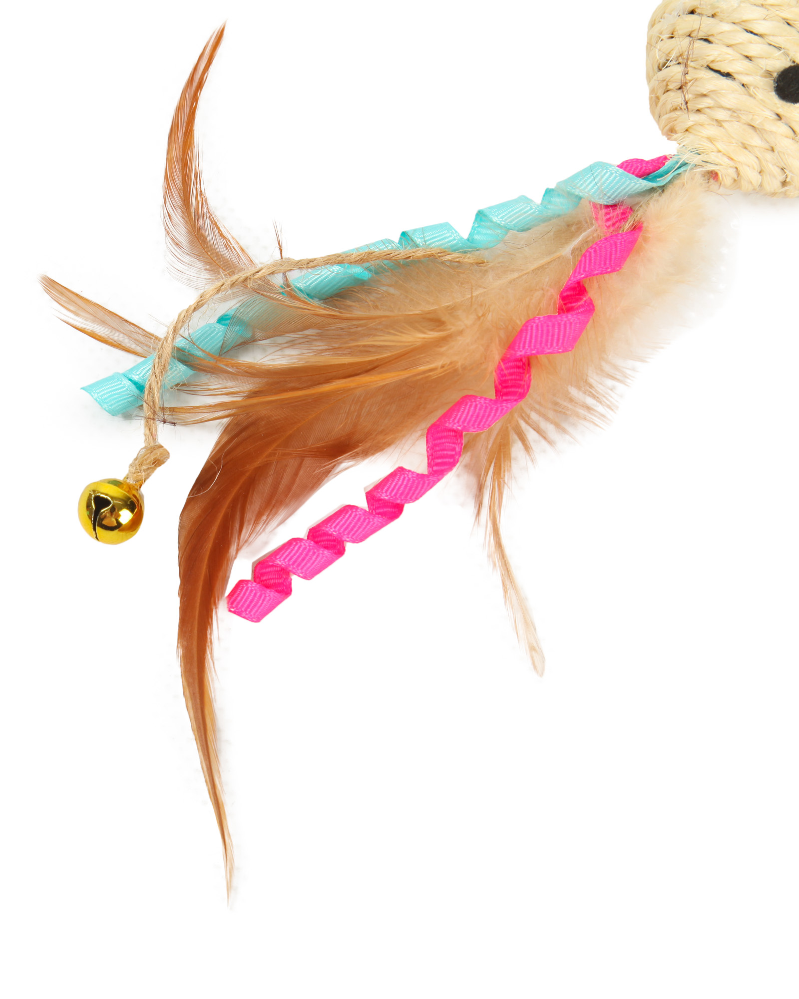 Игрушка для кошек Barbaks Мышка Ленточка с кошачьей мятой. бубенчиком и натуральными перьями 18*6.5см - фото 3