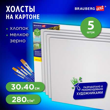 Холст на картоне Brauberg набор 5 штук для рисования 100% хлопок