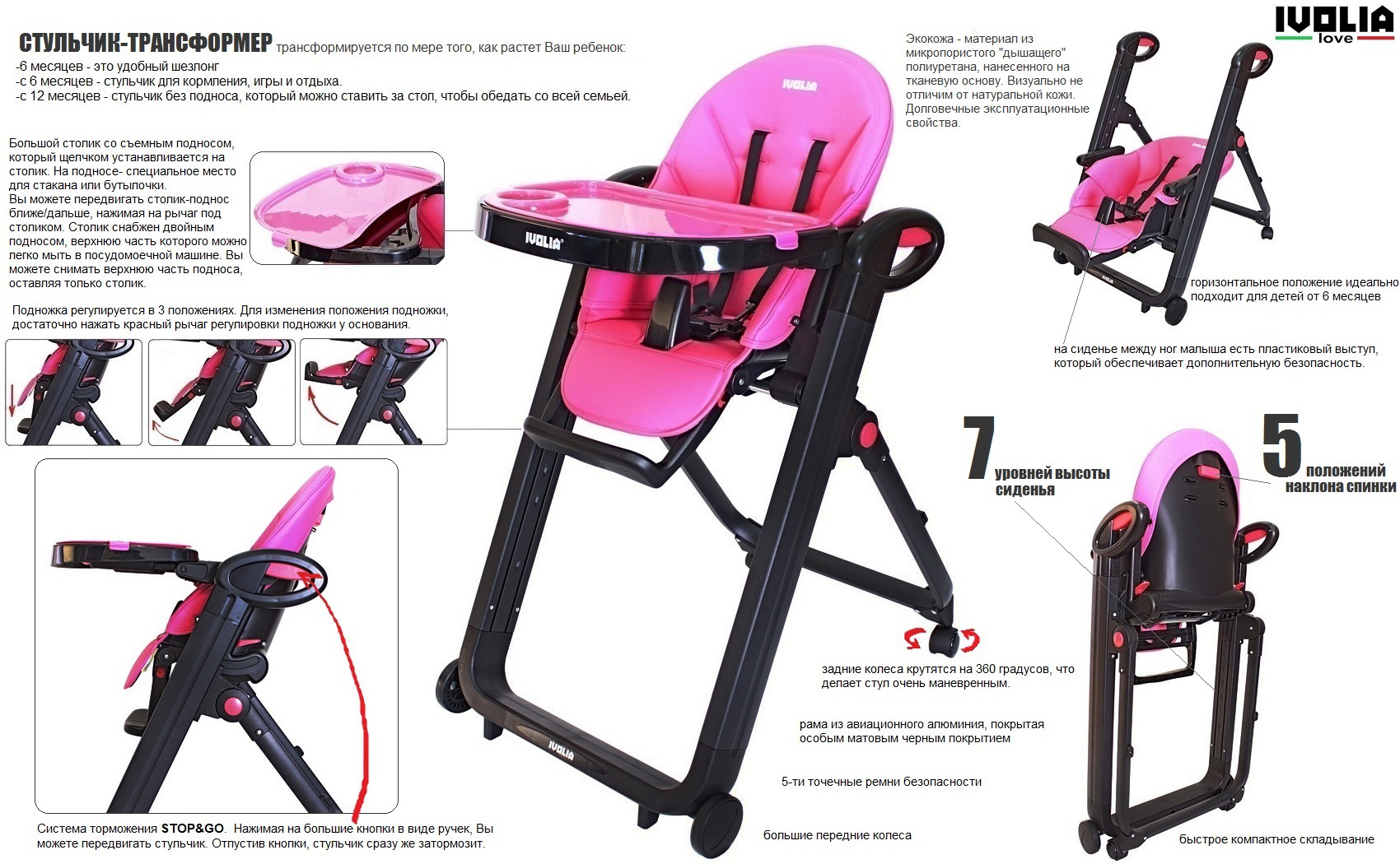 Стульчик для кормления Ivolia LOVE 02 4 колеса pink трансформер - фото 21
