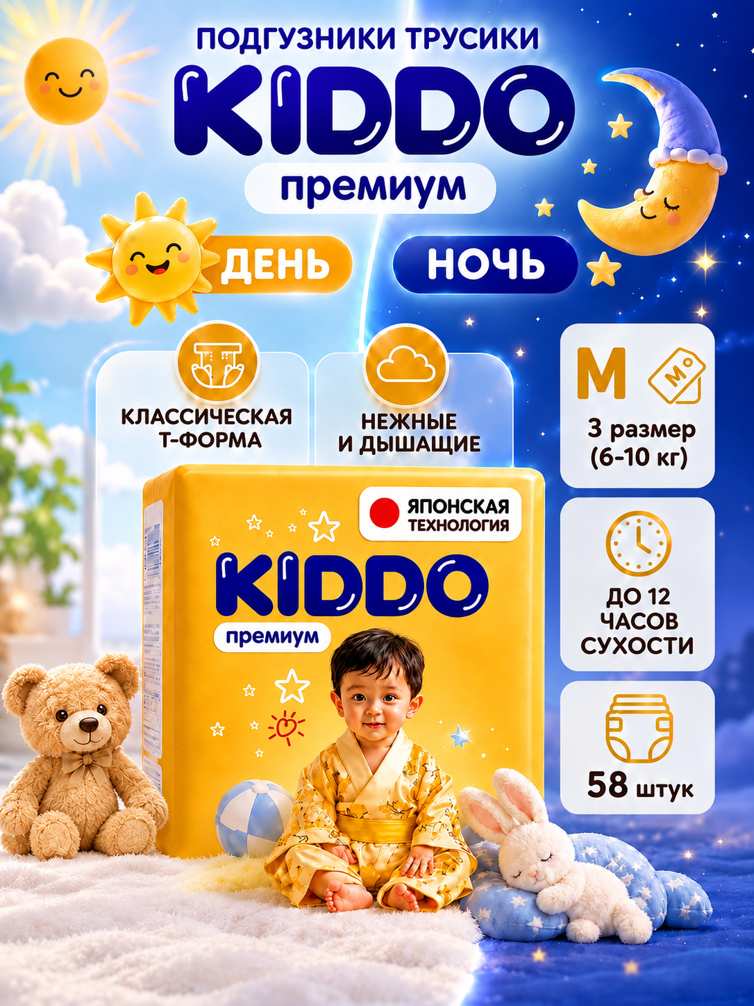 Трусики Kiddo Premium M (6-10 кг) 58 шт. - фото 1