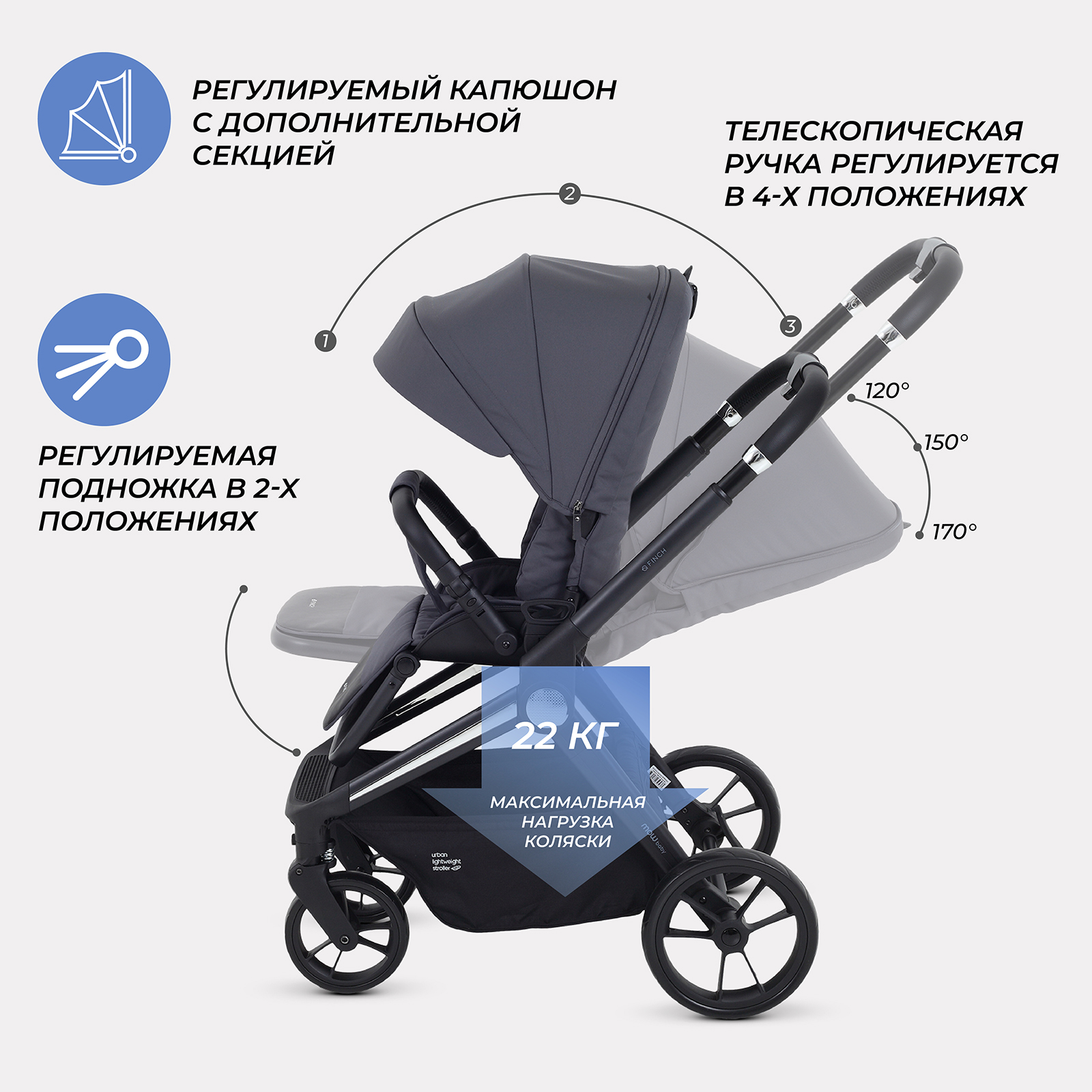 Коляска прогулочная MOWbaby Graphite серый - фото 4