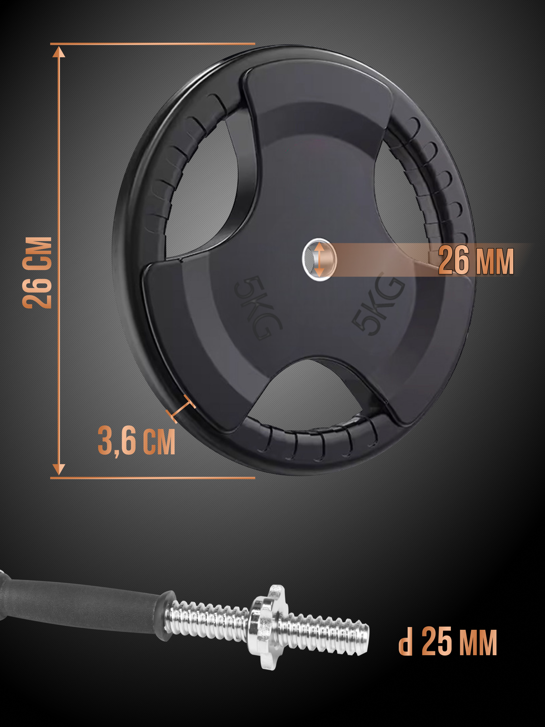 Диск обрезиненный Perfetto Sport с тремя хватами 5,0 кг 2 шт PS-827 - фото 2