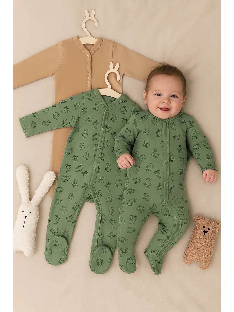 Комбинезон 2 шт Mark Formelle (Марк Формэль) 14005-2/динозавры на зеленом +песочный - фото 1