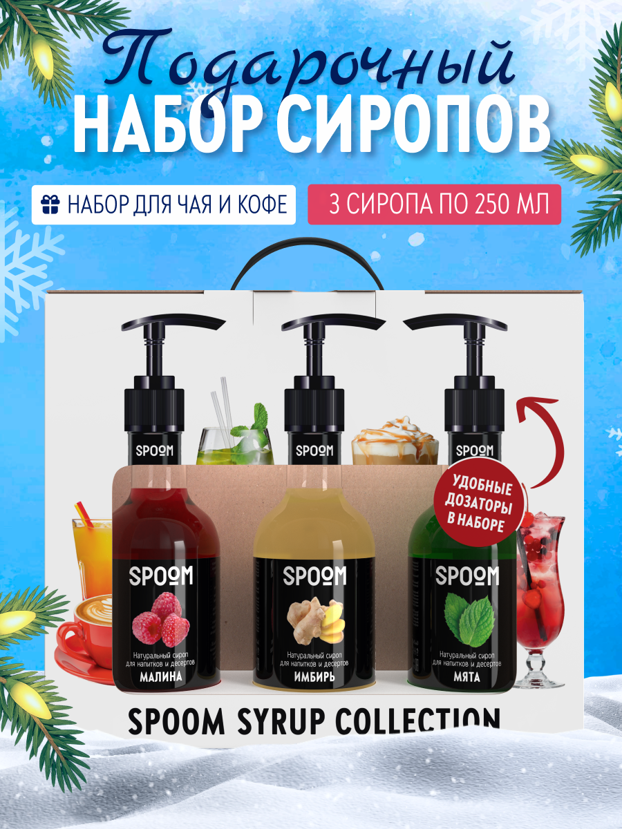 Изображение товара Набор сиропов SPOOM Имбирь Малина Мята 3 шт по 250 мл с дозаторами для напитков и десертов