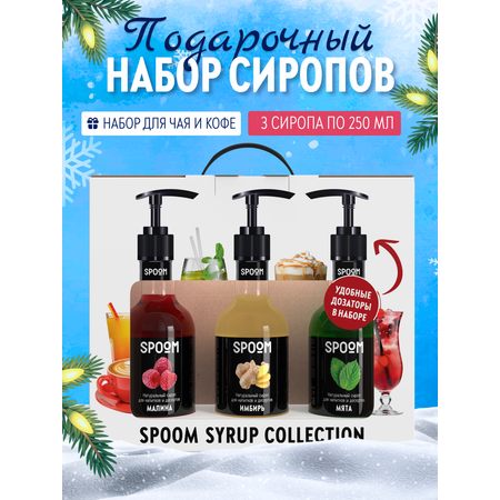 Набор сиропов SPOOM Имбирь Малина Мята для чая и коктейлей 3шт 250мл + 3 дозатора