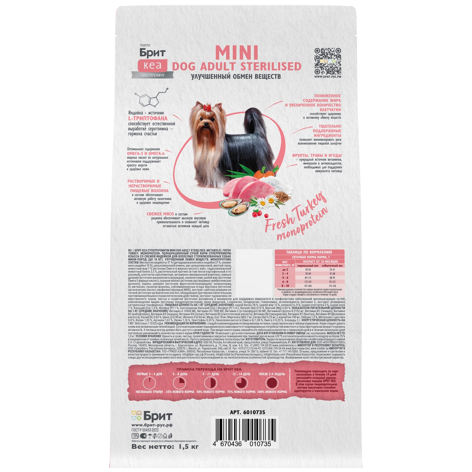 Сухой корм Brit Кеа Mini Dog Adult Sterilised с индейкой для взрослых собак 1.5кг - фото 4