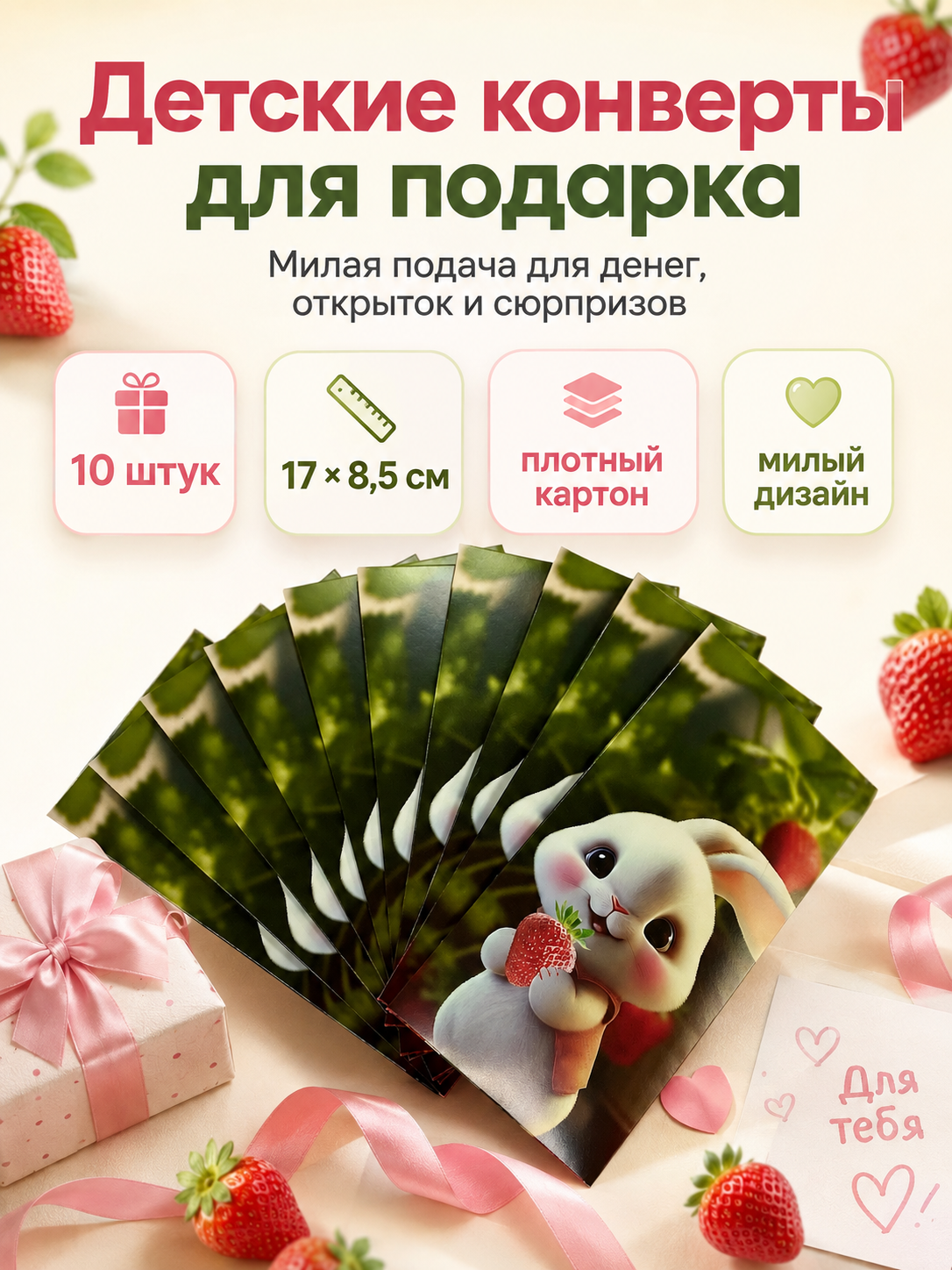 Конверты для денег детские Филькина Грамота с зайчиком и клубникой, 10 шт. - фото 10