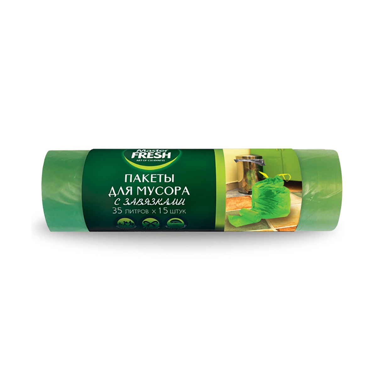 Мешки для мусора Master fresh с завязками 14 мкм 35 л 15 шт зеленые - фото 1