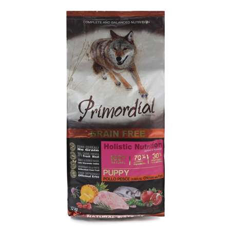 Корм для щенков Primordial беззерновой курица-рыба 12кг