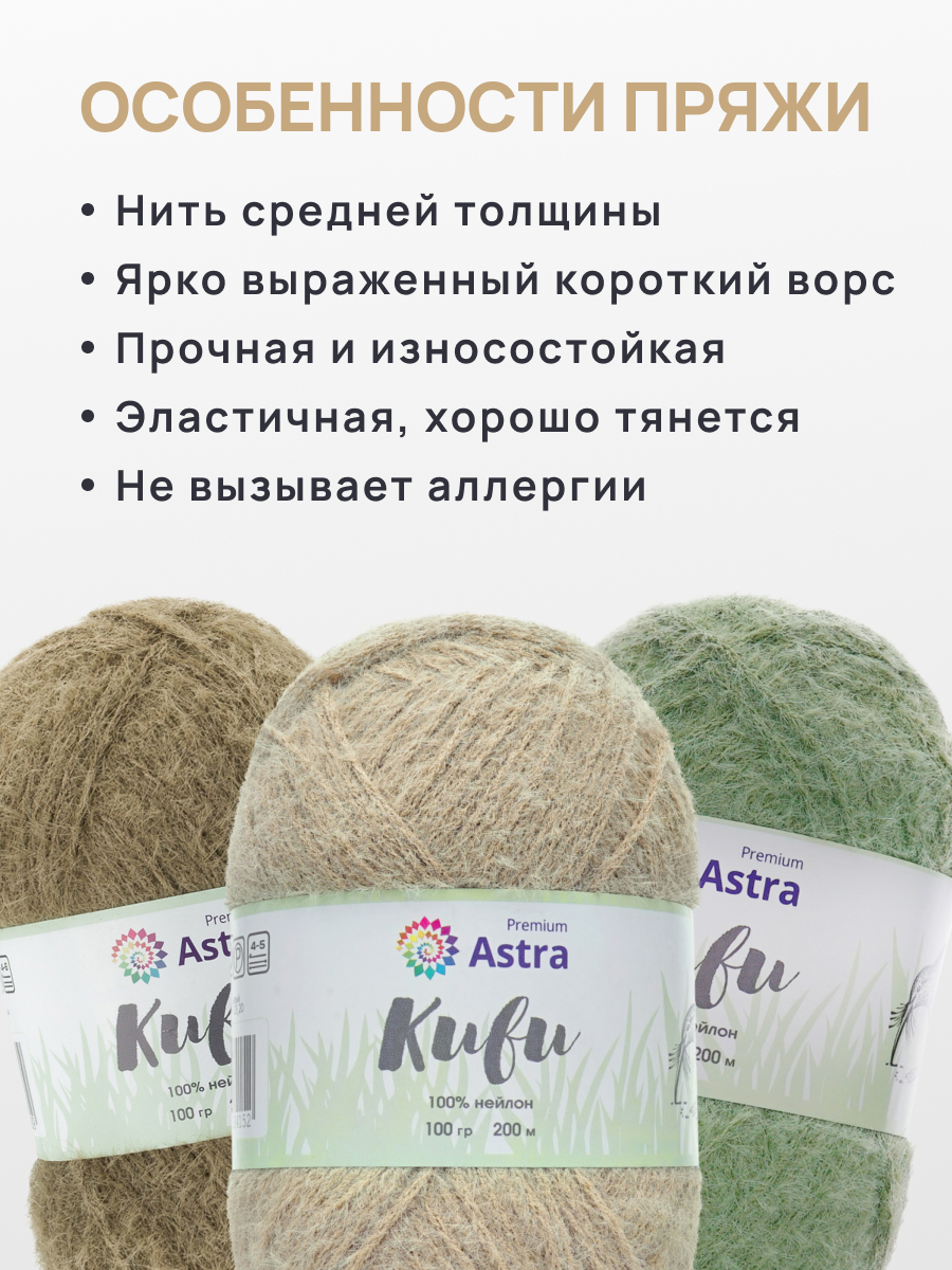 Пряжа для вязания Astra Premium киви фантазийная с выраженным ворсом киви нейлон 100 гр 200 м 02 бежевый 3 мотка - фото 3