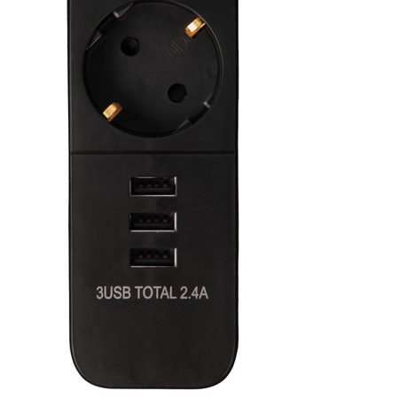 Сетевой фильтр Perfeo POWER STREAM. 2500W. 2.0м. 4 розетки. 3 USB. черный