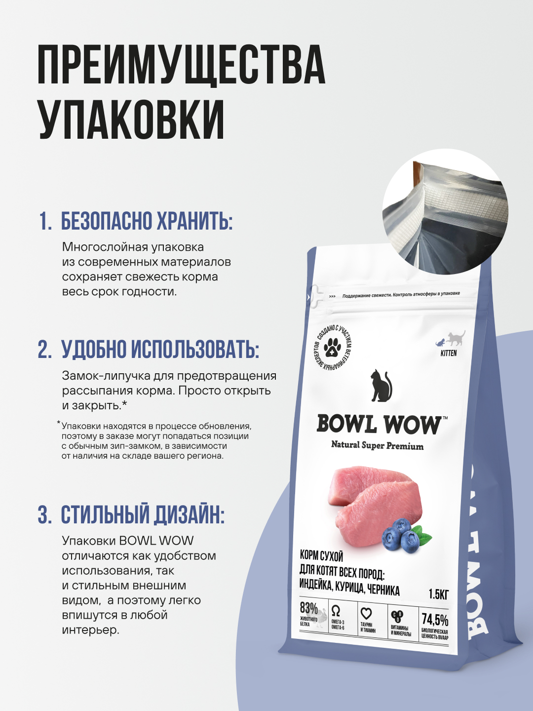 Корм сухой полнорационный BOWL WOW для котят с индейкой курицей и черникой 1,5кг - фото 6