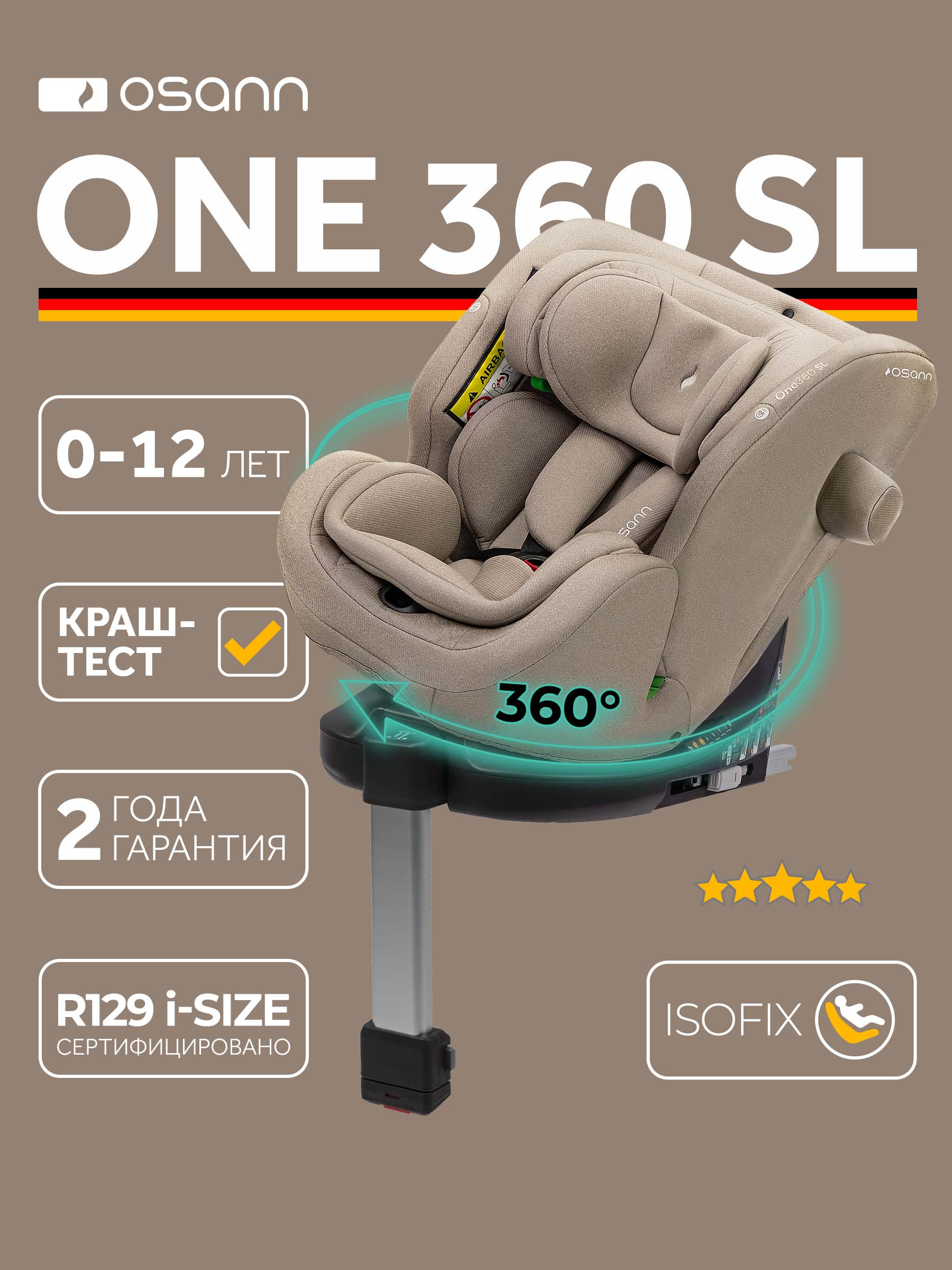 Изображение товара Автокресло Osann One 360 SL Wheat 0-36 кг Isofix 0+/1/2/3 (0-36 кг) бежевый