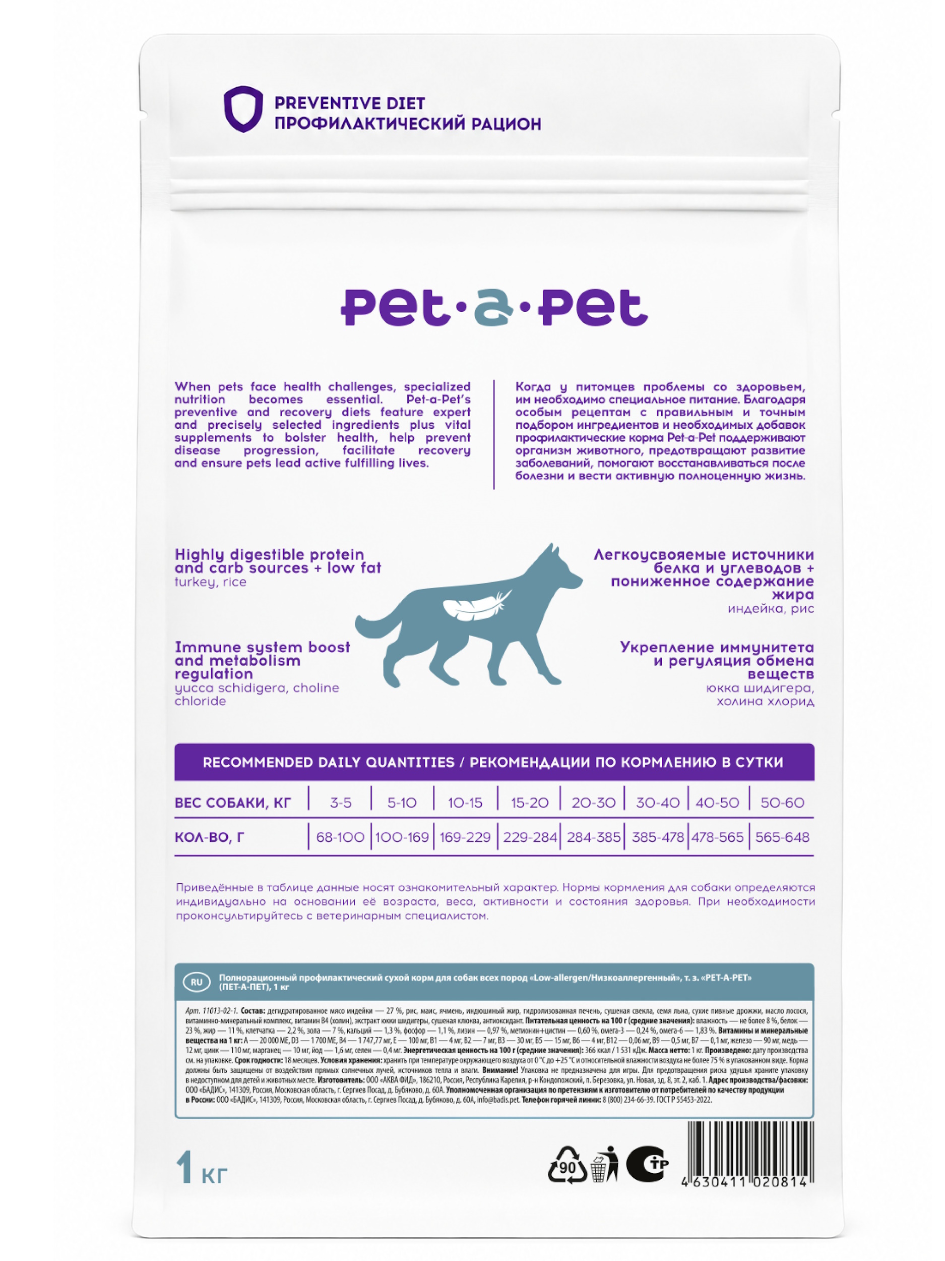 Корм для собак Pet-a-Pet всех пород Hypoallergenic 1кг - фото 2