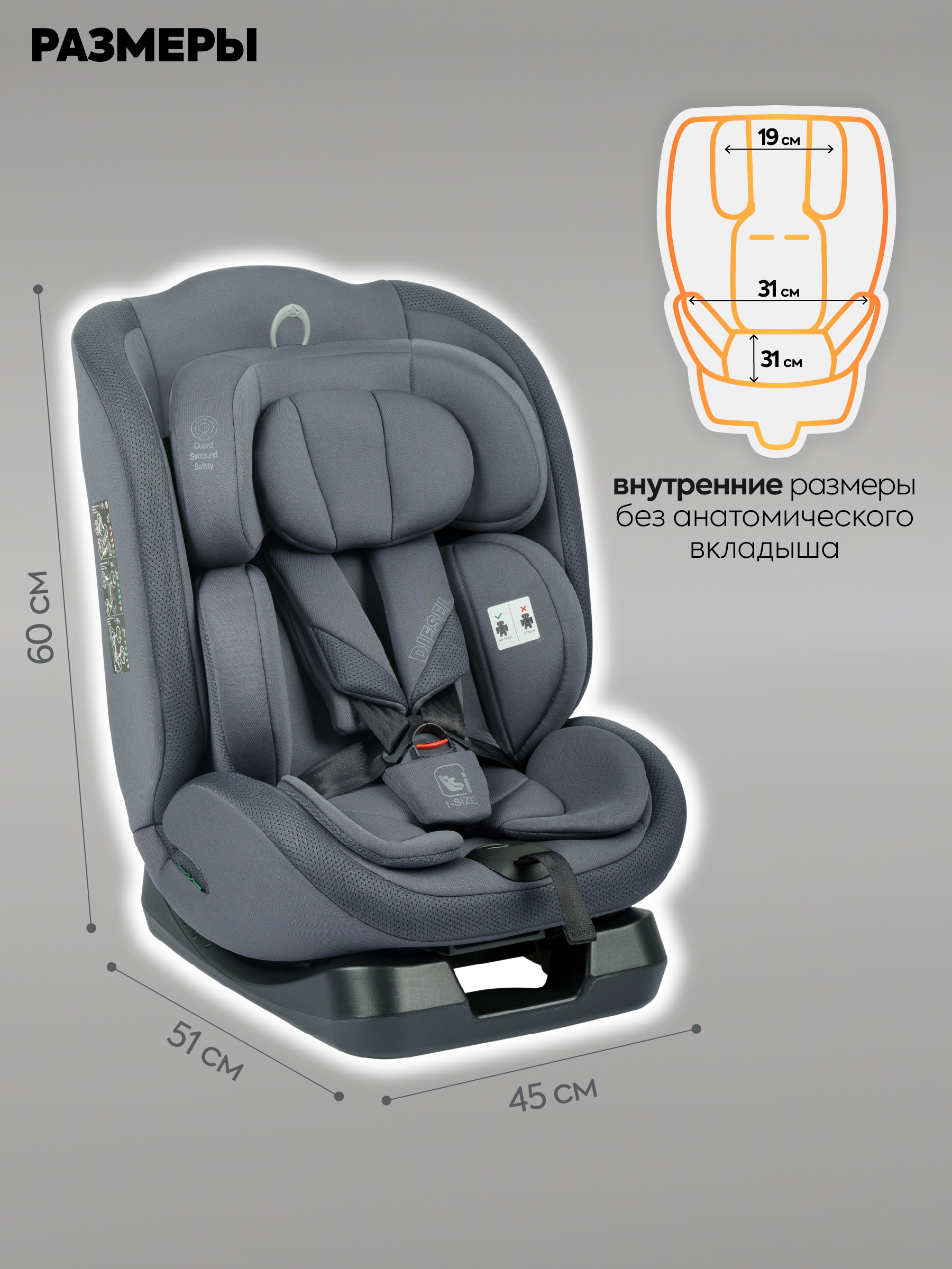 Автокресло Indigo Diesel I-SIZE, группа 0/1/2/3 0+/1/2/3 (0-36 кг) серый - фото 2