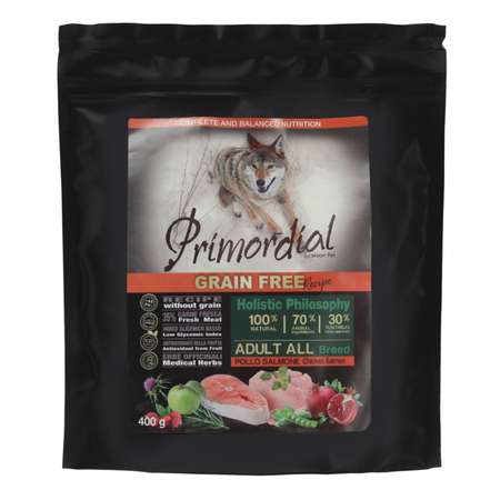 Корм для собак Primordial беззерновой курица-лосось 400г