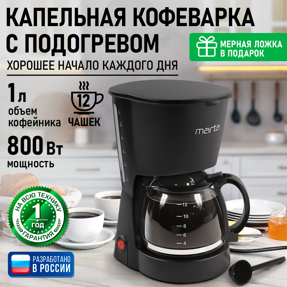 Кофеварка MARTA MT-2118 черный жемчуг - фото 2
