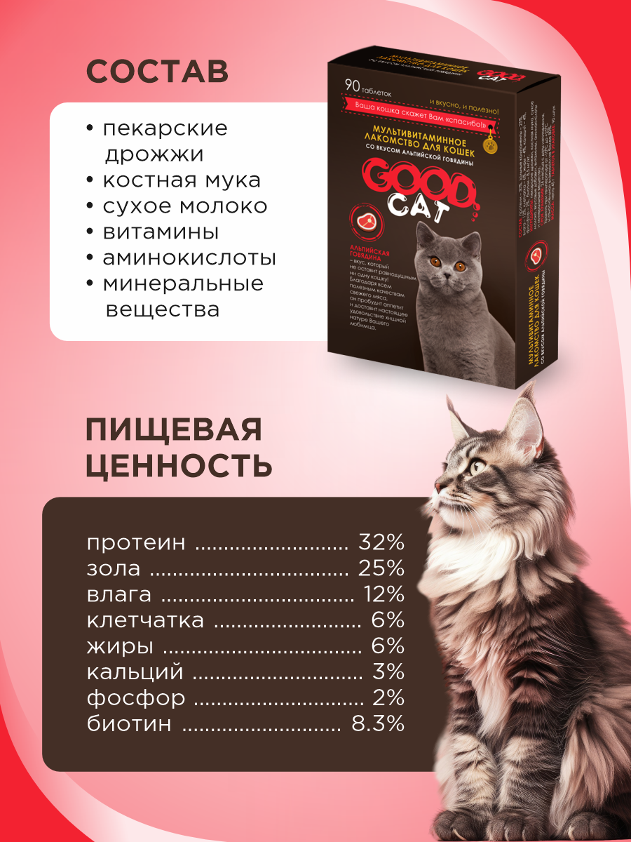 Полезное лакомство для кошек GOODR CAT со вкусом альпийской говядины 90 таблеток - фото 8