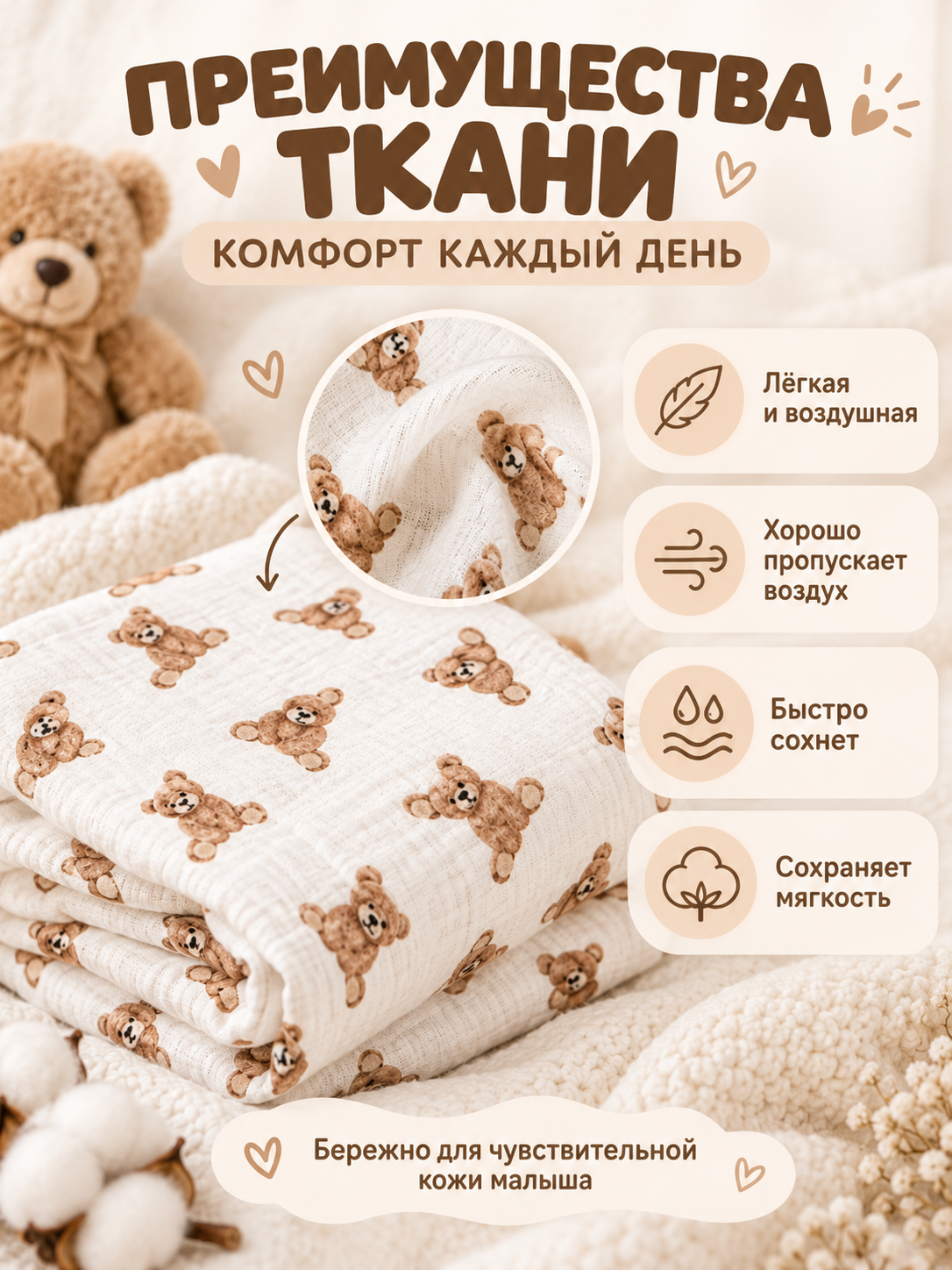Пелёнка Loo-Loo мишки муслин 100х135 см 1 шт. - фото 7